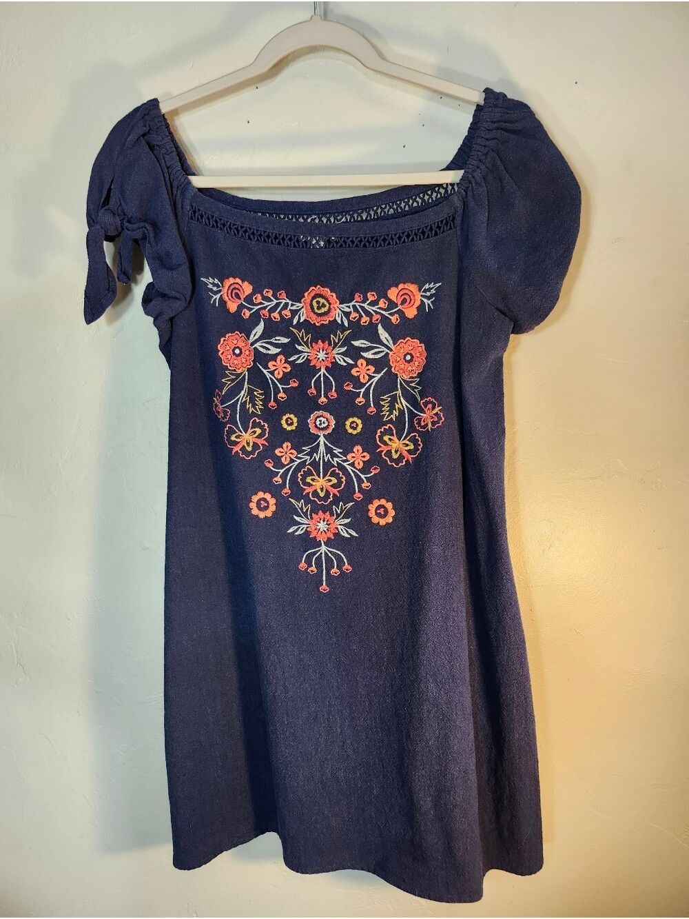 Embroidered Navy Mini Dress with Puff Sleeves 100% Cotton